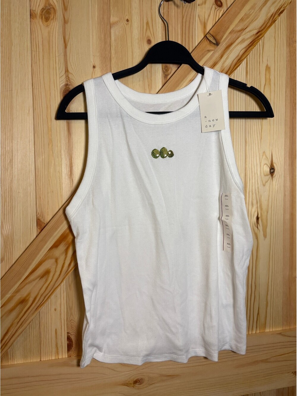 a new day White Cotton Spandex Tank Top with Olive Embroidery XXL NWT